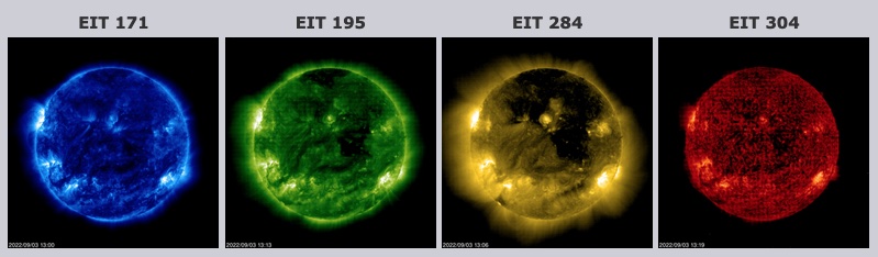 Four images of the sun in different wavelenghts.