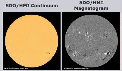 Tow images of the sun, one visible light and one showing magnetic fields.