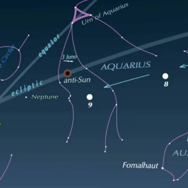 Star chart showing location of Juno near anti-sun point.