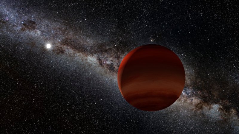 Reddish planet-like object with banded atmosphere, Milky Way and white star in background.