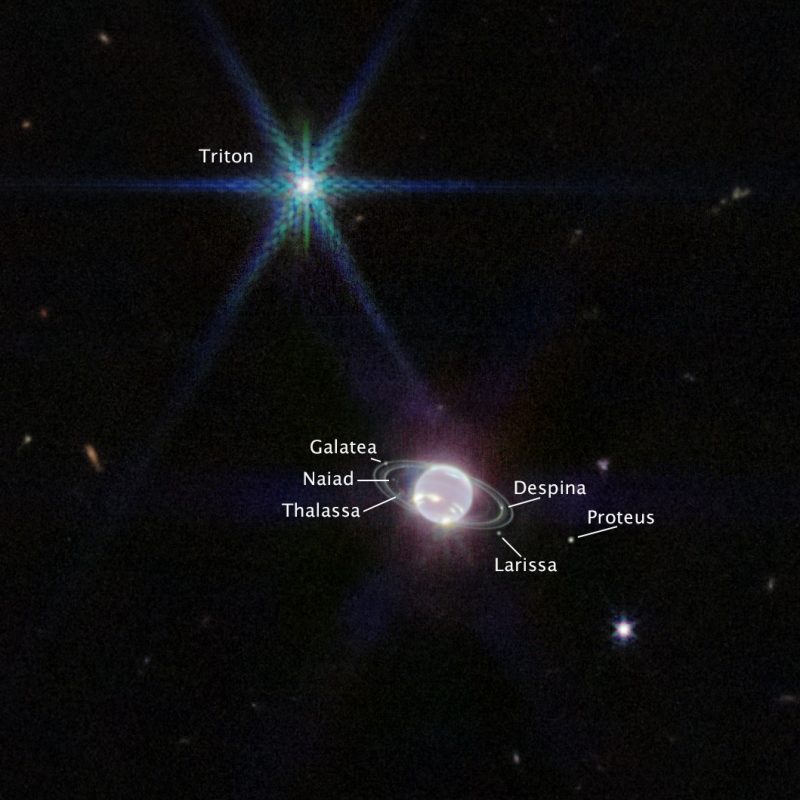 Webb sees Neptune's rings and moons: Neptune and its rings with 6 moons around and Triton far away, on the top left.