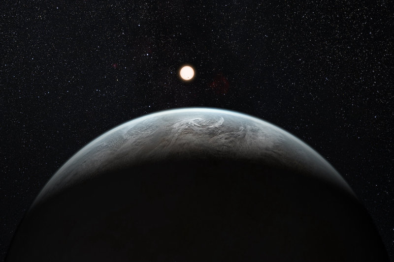 Thin crescent of Earth-like planet in space with bright sun in distance.