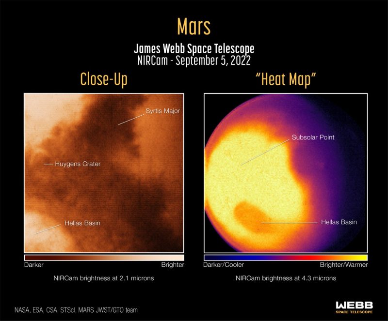 2 photos of part of Mars, one orange and brown, one yellow to brown image of the same region, with labels.
