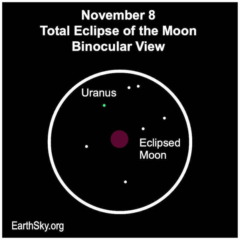 The eclipsed moon, a few stars and Uranus in circle representing view through binoculars.