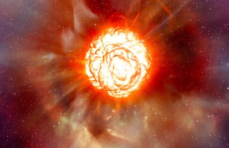 Betelgeuse: Billowing orange ball of fire exploding in brilliant white, surrounded by gas and dust.