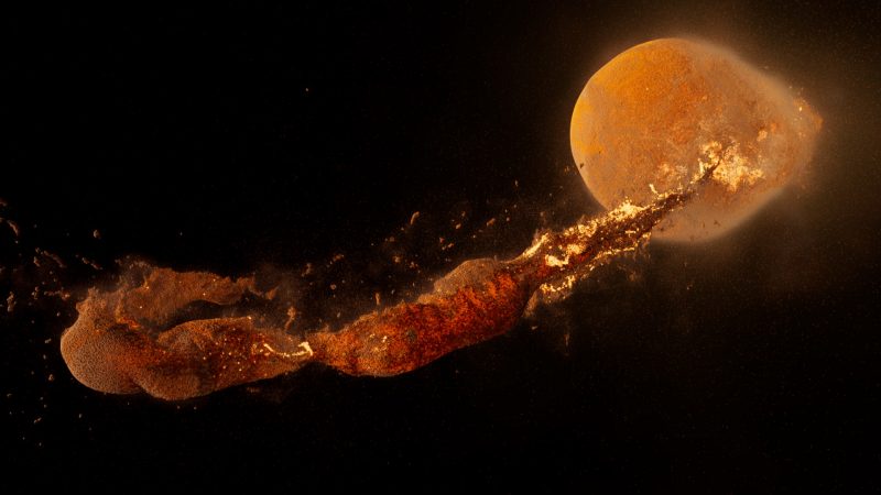 Collision may have formed the moon: Large blob with trail of material and smaller blob at end.