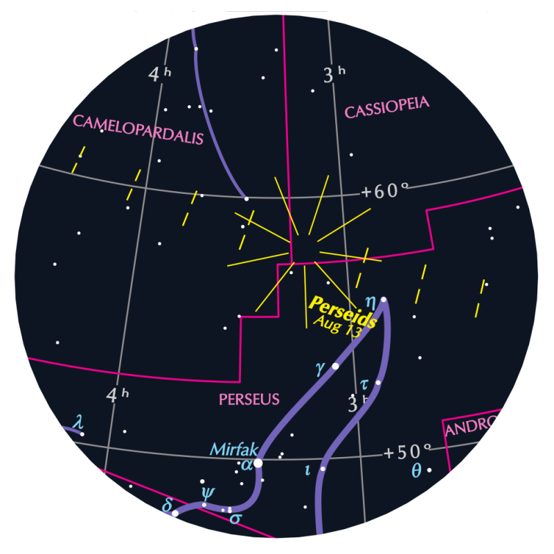 Sky chart with scattered stars and yellow radial lines near the constellation Perseus.