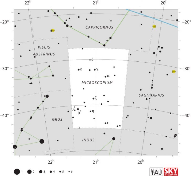 White star chart with black dots denoting stars of Microscopium.
