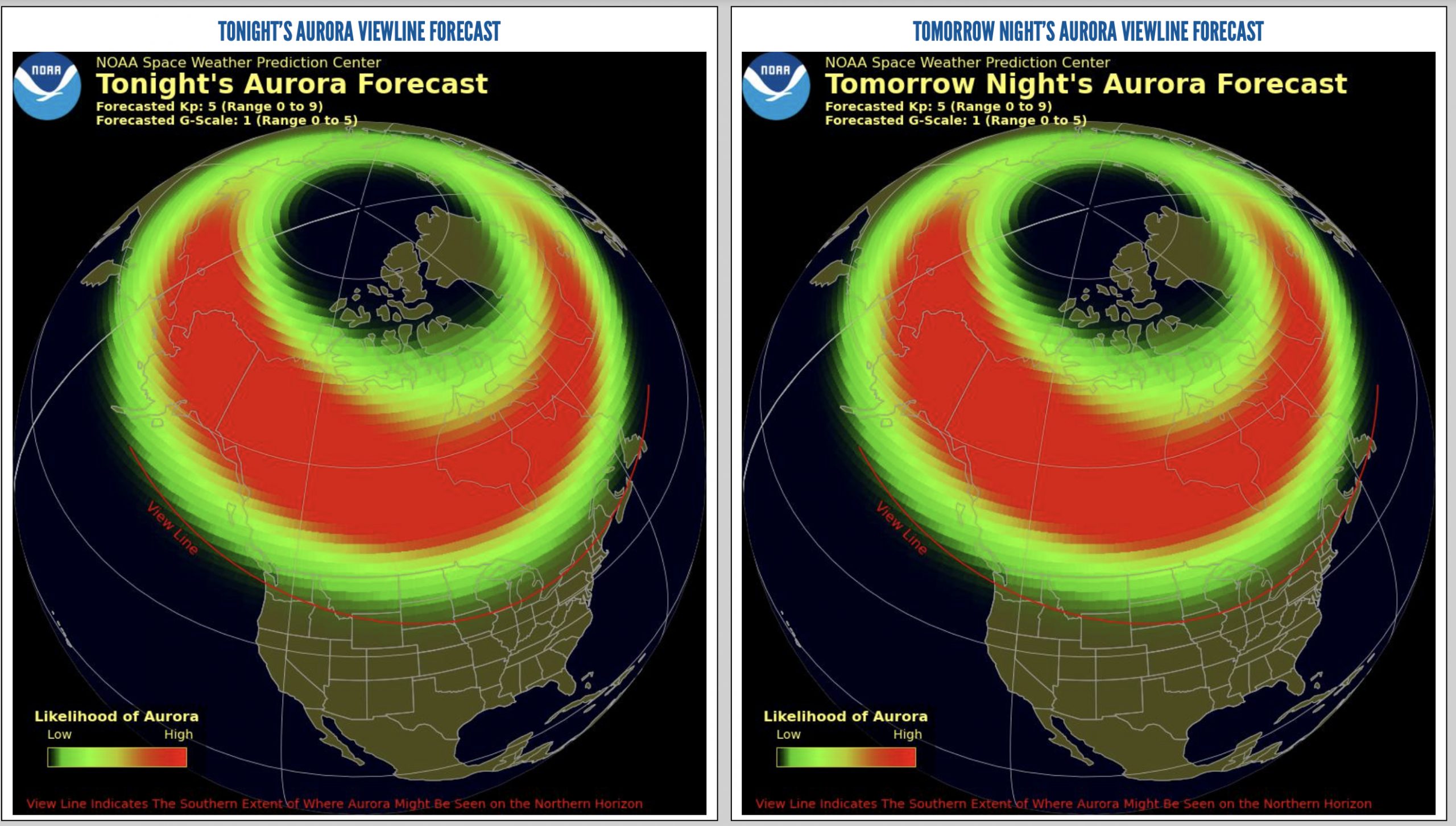 October 29, 2022 Double map showing Aurora alert for two days.