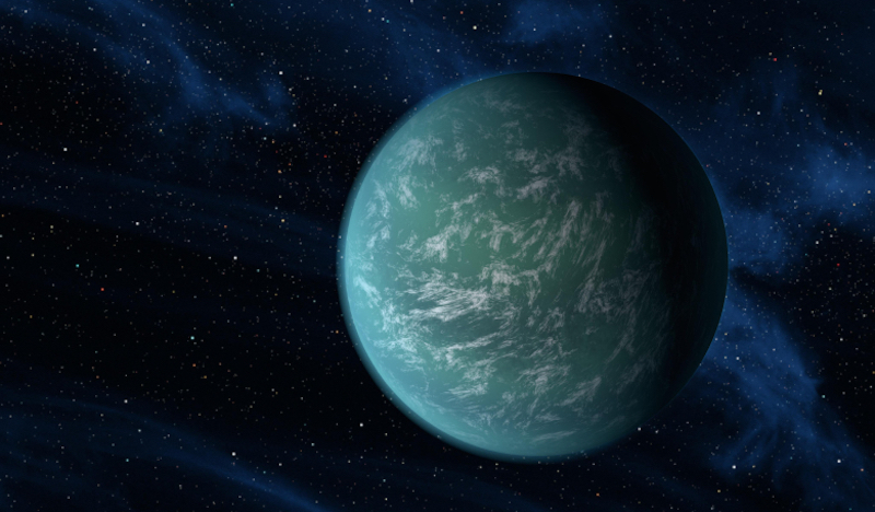 Bluish planet with thin wispy clouds and stars in background.