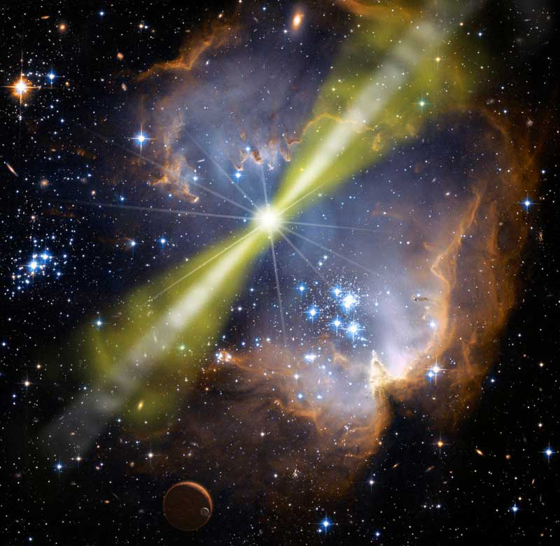 Giant gamma-ray burst: Bright star-like object with 2 jets of material coming out of it and other gas and dust nearby.