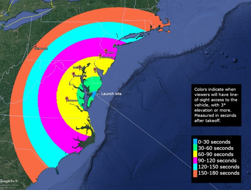 Eastern US to see rocket launch: Map of eastern seaboard with colored rings centered on Virginia.