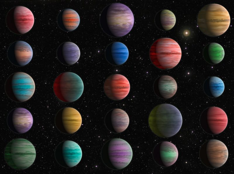Artist's rendering of 25 different gas giant planets with many colors.