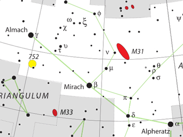 Star chart with stars in black on white showing the star Mirach with two galaxies in red.