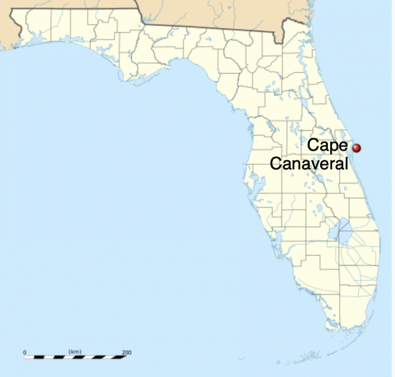Map of Florida, showing site of Cape Canaveral.