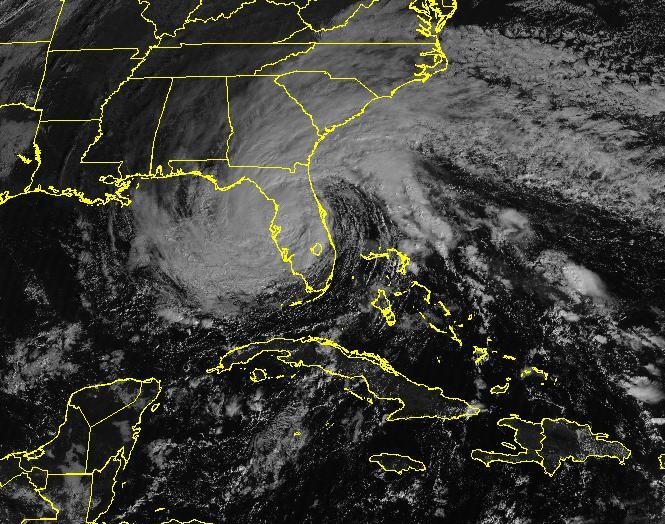 Nicole: Image of white clouds swirling over map of Florida and SE US.