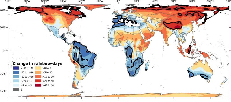 Une carte du monde avec des zones rouges montre plus d'arcs-en-ciel.