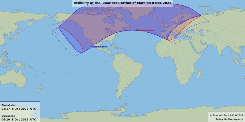 Map of where you can see the moon occult Mars with cylindrical shadows over much of the northern hemisphere.