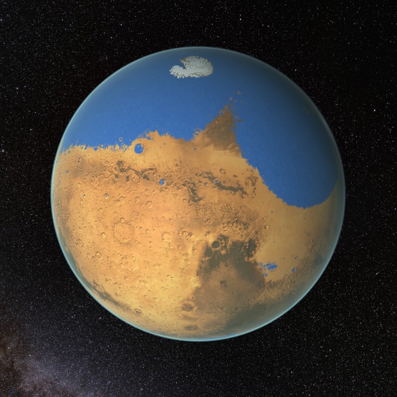 Planet with ocean covering most of the northern hemisphere, and cratered terrain in southern hemisphere.