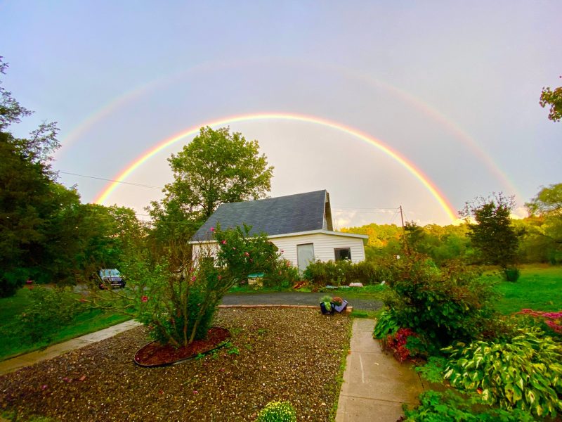 Double rainbow arching over a house and tree.
