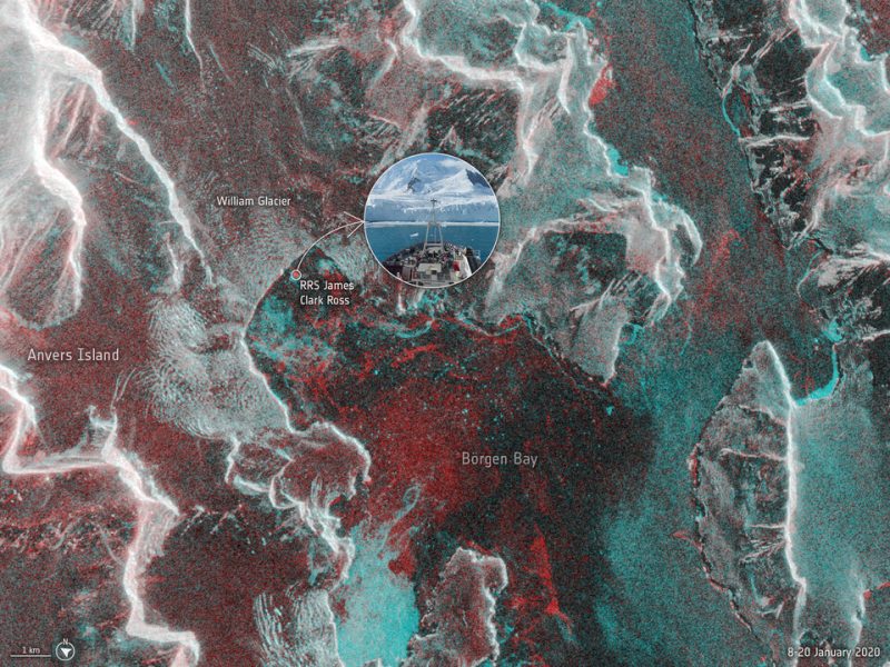 Glacier calving in Antarctica: Map in red, blue and white showing the William Glacier, the the Börgen Bay and the Anvers Island in Antarctica, and the research ship that witnessed the calving of the glacier.