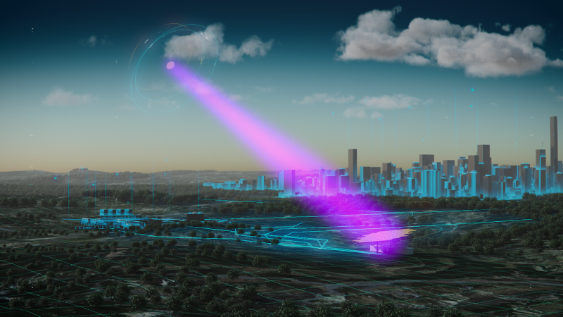 Space-based solar power: Purple beam from orbiting solar arrays, focused down near a city.
