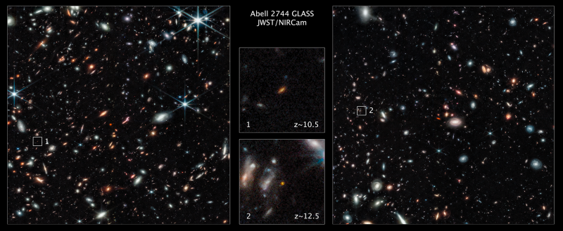 Four panels showing distant early galaxies as mostly elongated blobs of colored light in black space.