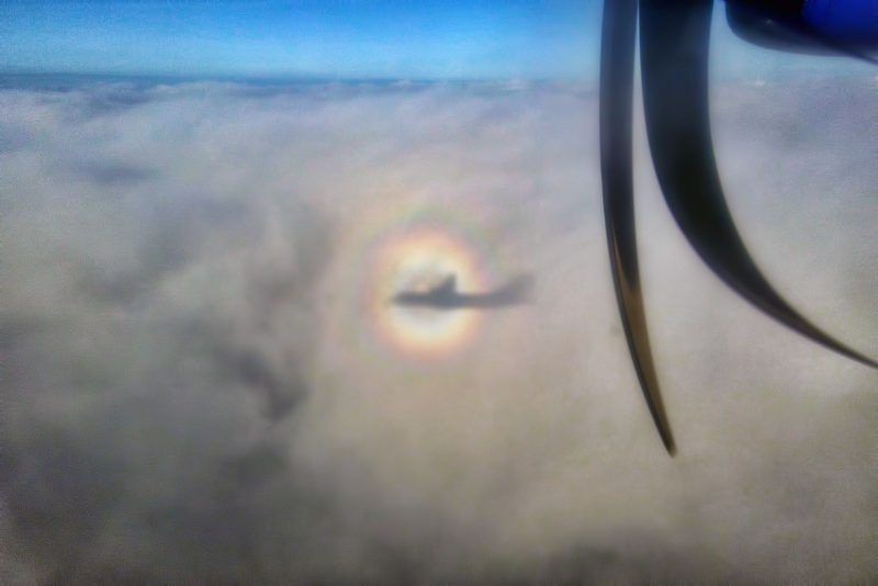 Small shadow of plane on clouds with rainbow ring around frong half of the plane's shadow.