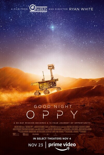Good Night Oppy: Poster showing Opportunity rover on Mars. It is moving over a dune, there is a starry sky in the background.