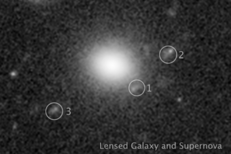 Supernova at 3 different times: Large, bright sphere-like object in center of image, with 3 faint dots (numbered 1-3) scattered around it.