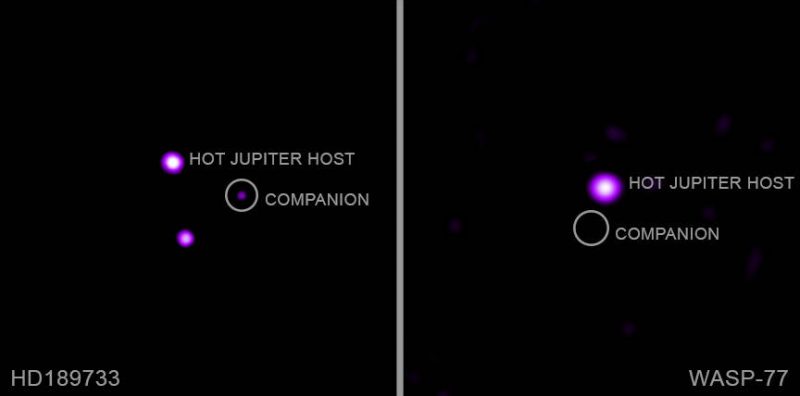 Two photos showing purple dots of light, both labeled 
