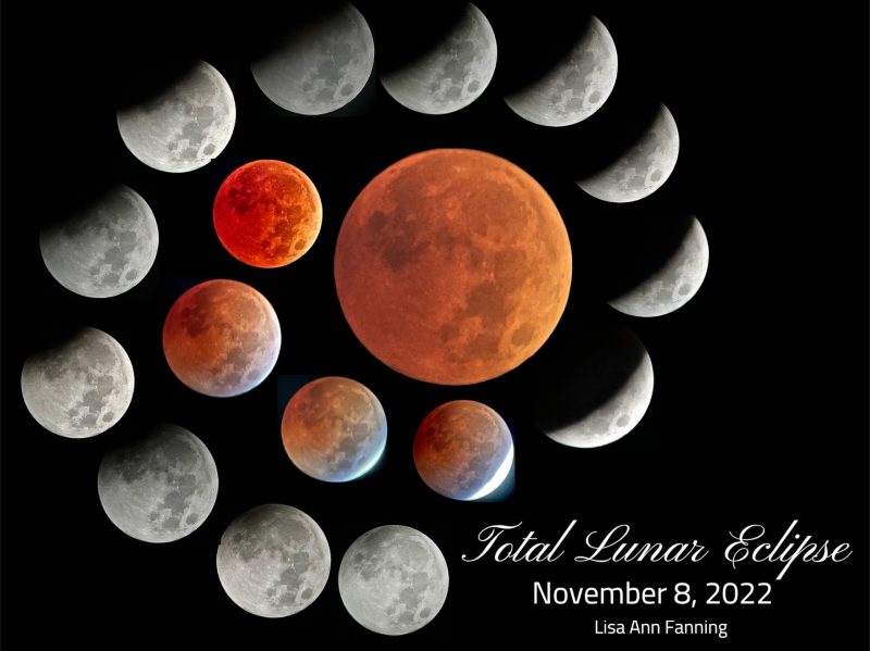 Composite of 17 images of the total lunar eclipse in a spiral.