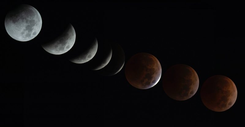 Horizontal composite of lunar eclipse images. The moon looks grey in some images and orange in other ones.