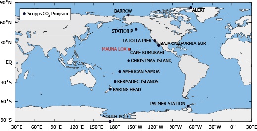 Map of Pacific Ocean with labeled locations of 9 CO2 monitoring stations from New Zealand up to Alaska.