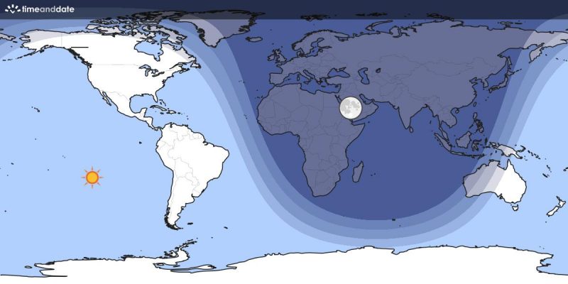 Flat map of Earth showing a moment of global darkness over Eastern Hemisphere.