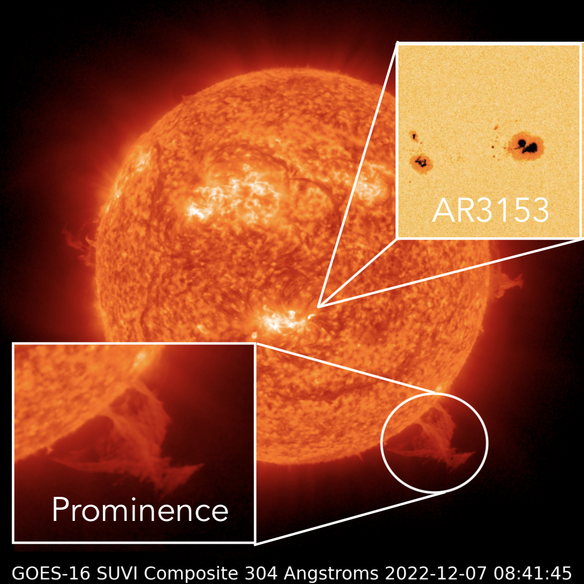  December 7, 2022 Composite of the sun showing a prominence and sunspot AR3153.