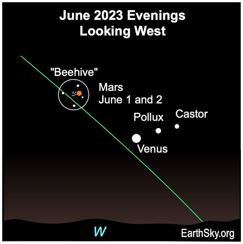 Green line of ecliptic with Venus and Mars circled beside the Beehive cluster, also Castor and Pollux labeled.