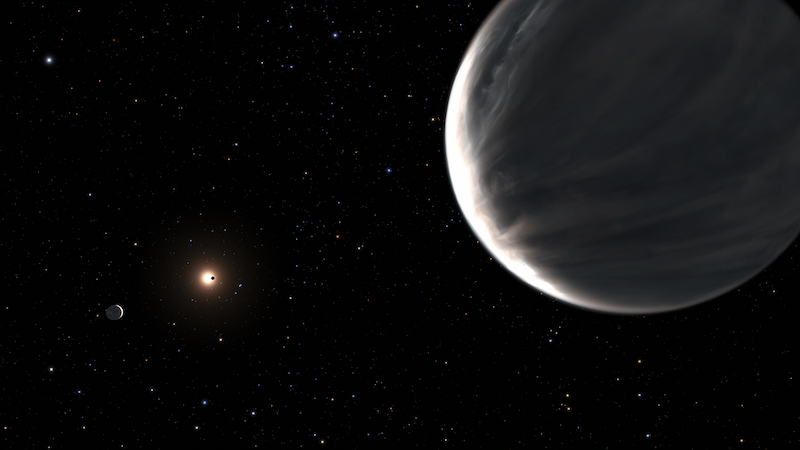 Water worlds: Closeup of crescent planet, with two distant planets near its star.