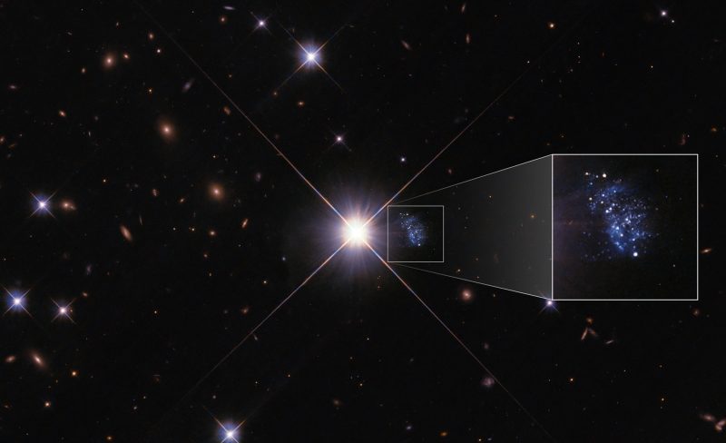 Bright star at center with blue diffuse galaxy shown in closeup on right.