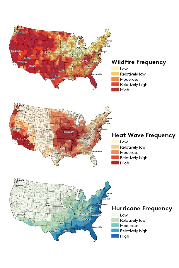 Three US maps showing where wildfire, heatwaves and hurricanes are most likely.
