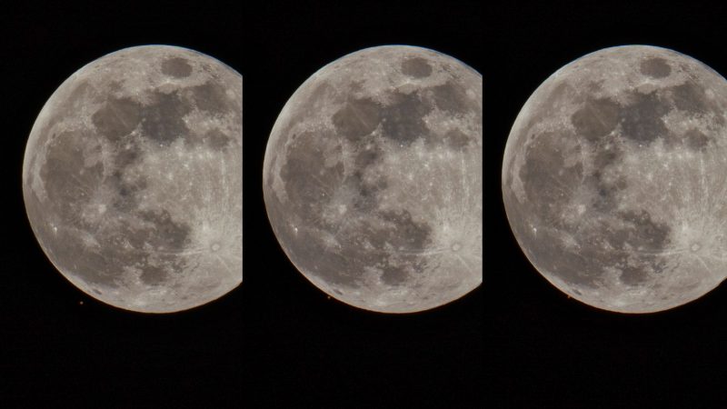 Sequence of 3 photos of moon showing tiny red Mars closer and closer right to the edge.