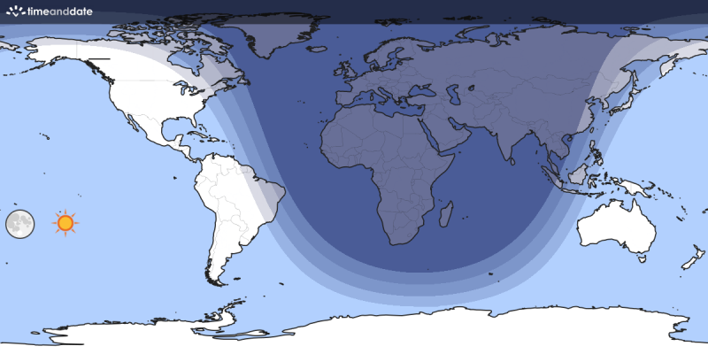 Flat world map with darkness over Eastern Hemisphere.