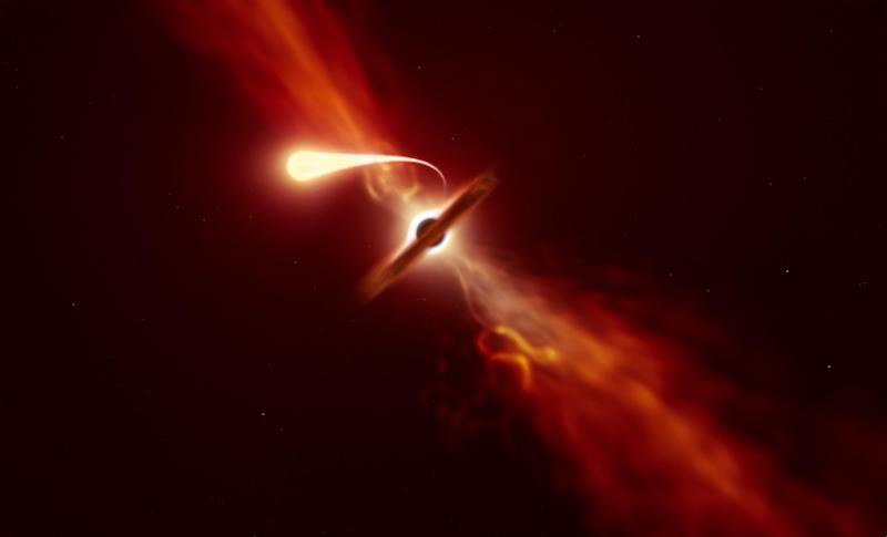 Black hole: Black circle in edge-on dark disk, 2 large jets from poles, bright teardrop shape looping around it.