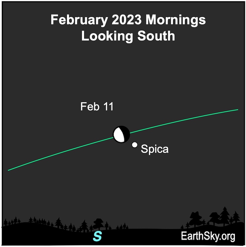 Moon near Spica: Green line with moon straddling the line and labeled star very close to its lower right.