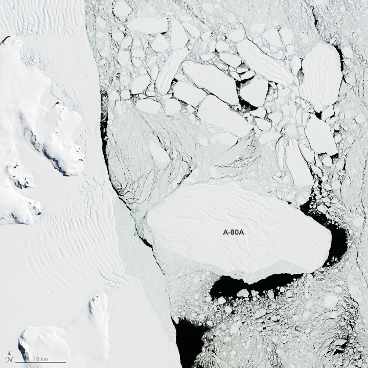 View from space: Antarctic icebergs breaking free.