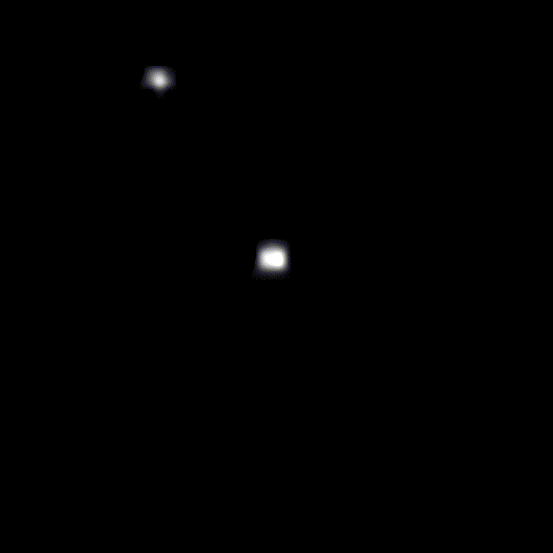 Chariklo's rings: Bright white dot moving across a larger, brighter white dot on black background.