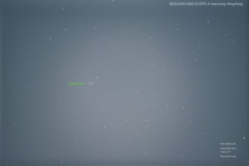Gray background with dim stars and fuzzy spot labeled with comet.