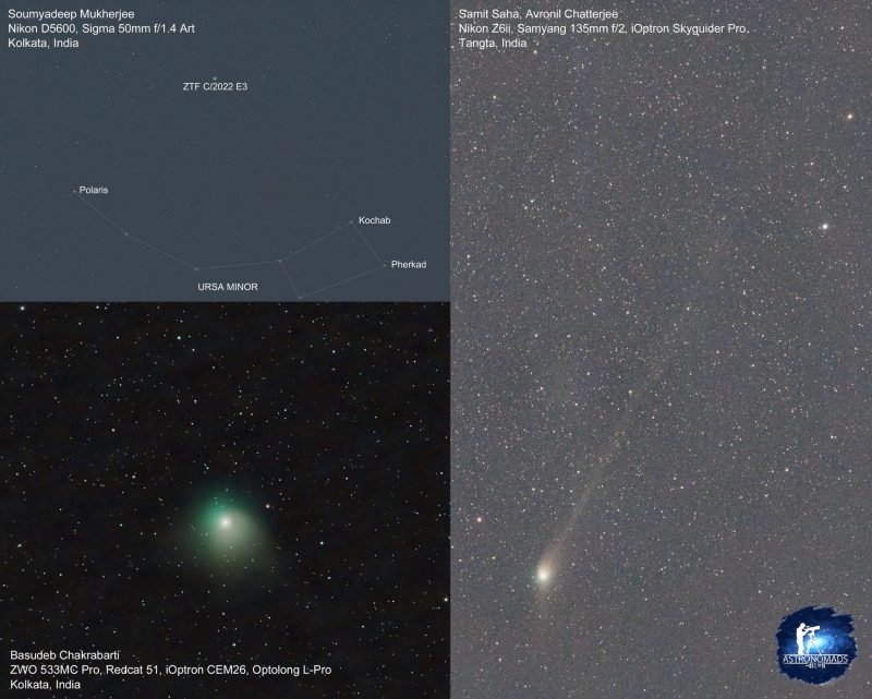 2 photos of the comet with a starry background. 1 photo the comet and constellation Ursa Minor under it.