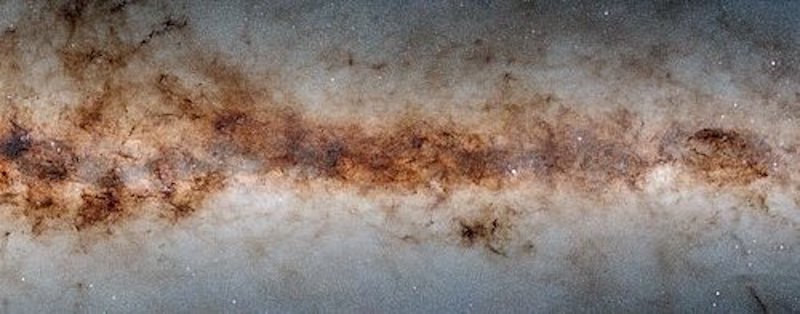 Milky Way survey: Bright horizontal band of billions of stars with dark dust lanes and wisps in it.