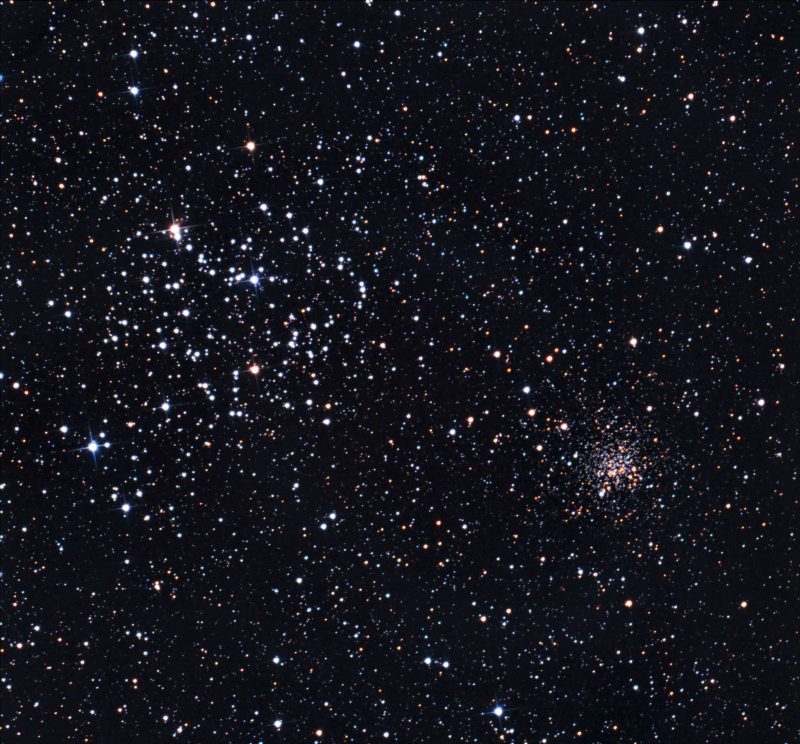 Two groupings of stars, one large and one small, with a multitude of background stars.